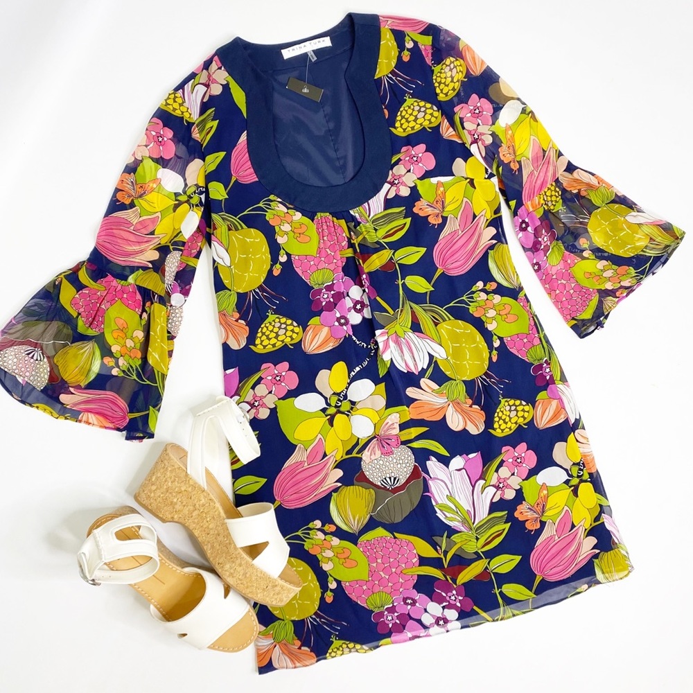 Trina Turk Silk Bonita Bell Sleeve Dress- Retro - Picture 3 of 13